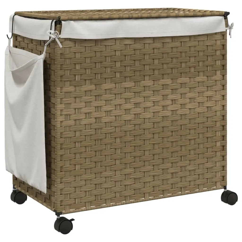 Rattan Laundry Basket with Wheels Brown 60x35x60.5cm 3 Compartments