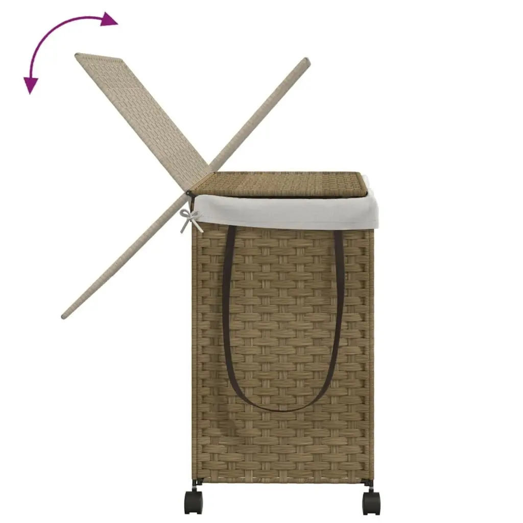 Rattan Laundry Basket with Wheels Brown 60x35x60.5cm 3 Compartments