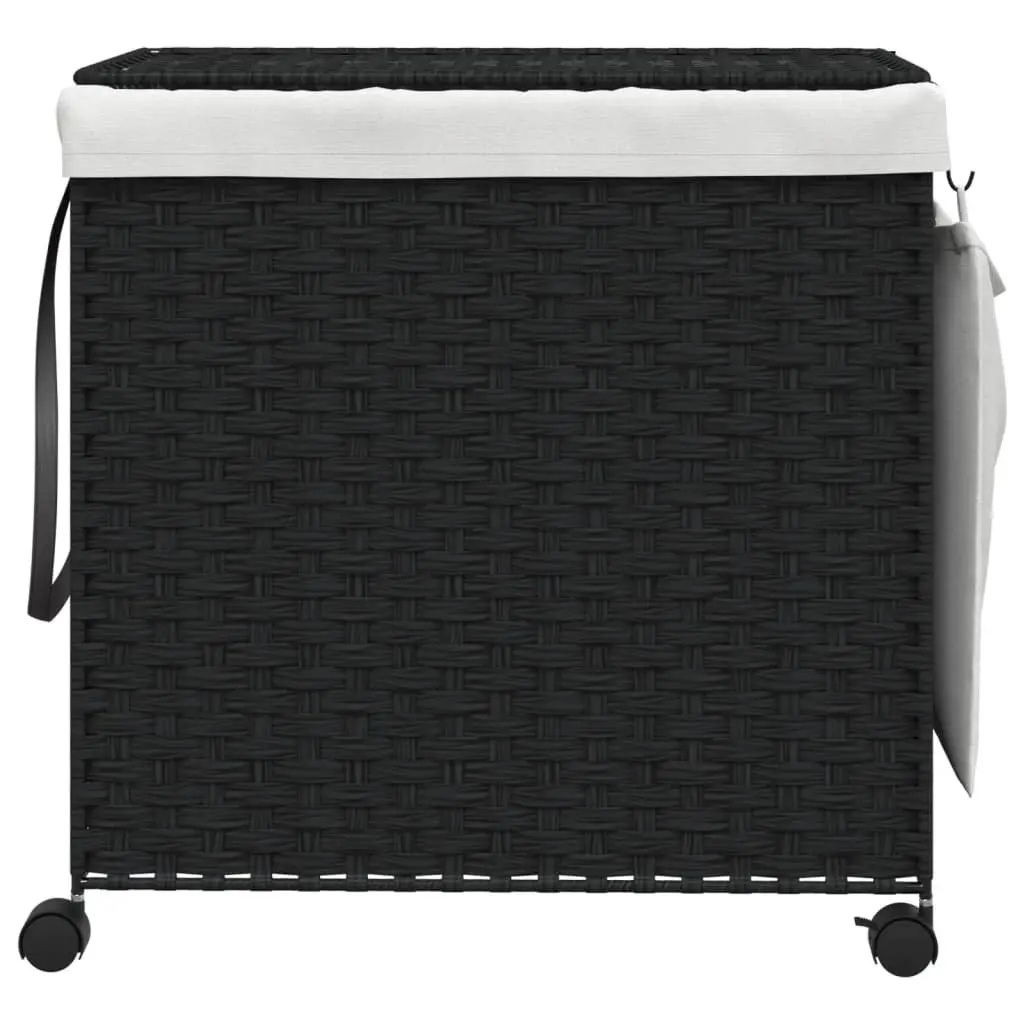 Black Rattan Laundry Basket on Wheels with 3 Compartments