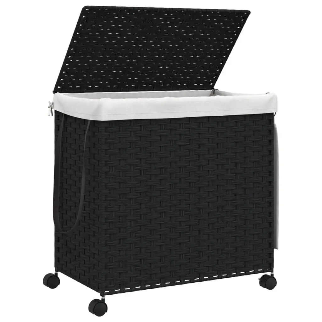 Black Rattan Laundry Basket on Wheels with 3 Compartments