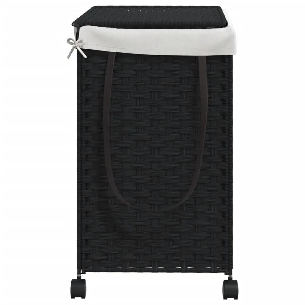 Black Rattan Laundry Basket on Wheels with 3 Compartments