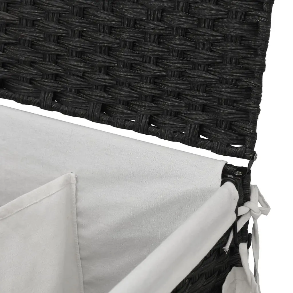Black Rattan Laundry Basket on Wheels with 3 Compartments