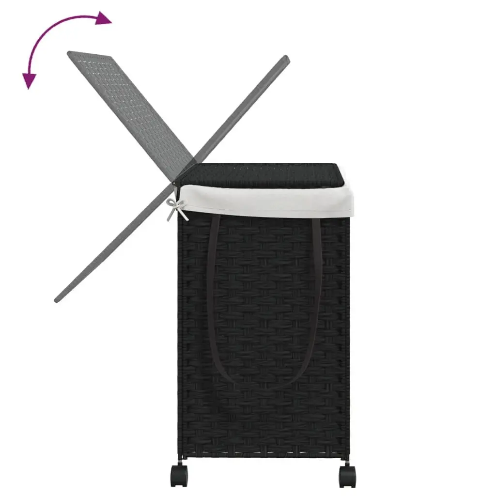 Black Rattan Laundry Basket on Wheels with 3 Compartments
