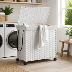 Premium White Rattan Laundry Basket on Wheels 60x35x60.5cm