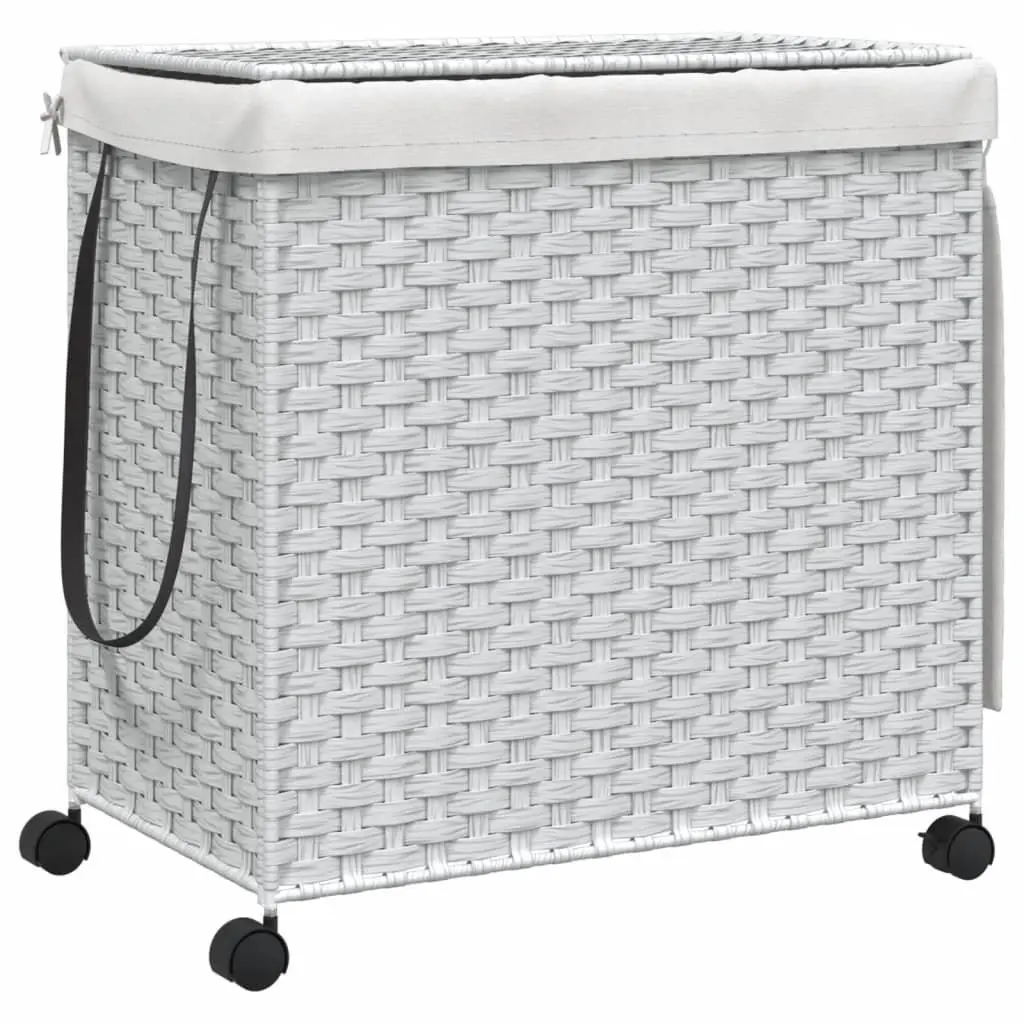 Laundry Basket White Rattan 60x35x60.5cm with Lid 3 Compartments and Wheels