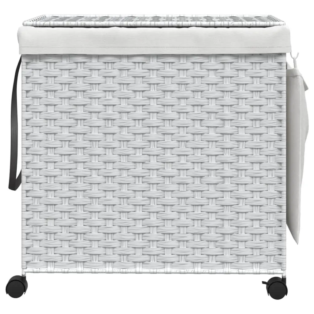 Laundry Basket White Rattan 60x35x60.5cm with Lid 3 Compartments and Wheels