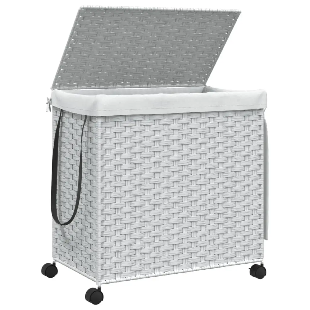 Laundry Basket White Rattan 60x35x60.5cm with Lid 3 Compartments and Wheels