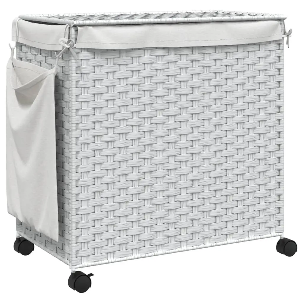 Laundry Basket White Rattan 60x35x60.5cm with Lid 3 Compartments and Wheels