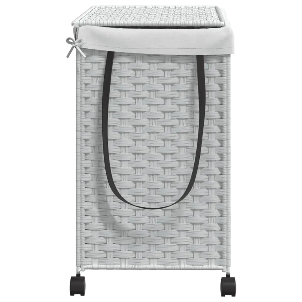 Laundry Basket White Rattan 60x35x60.5cm with Lid 3 Compartments and Wheels