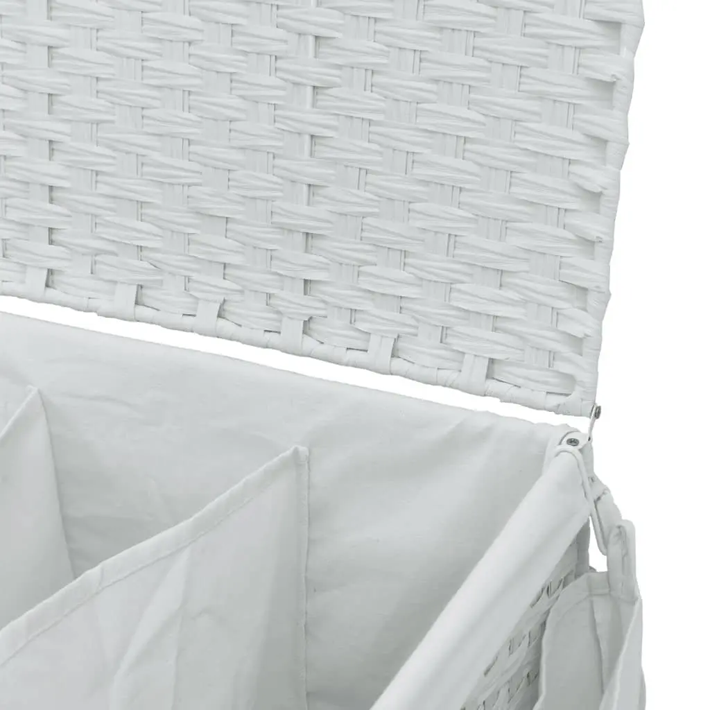 Laundry Basket White Rattan 60x35x60.5cm with Lid 3 Compartments and Wheels