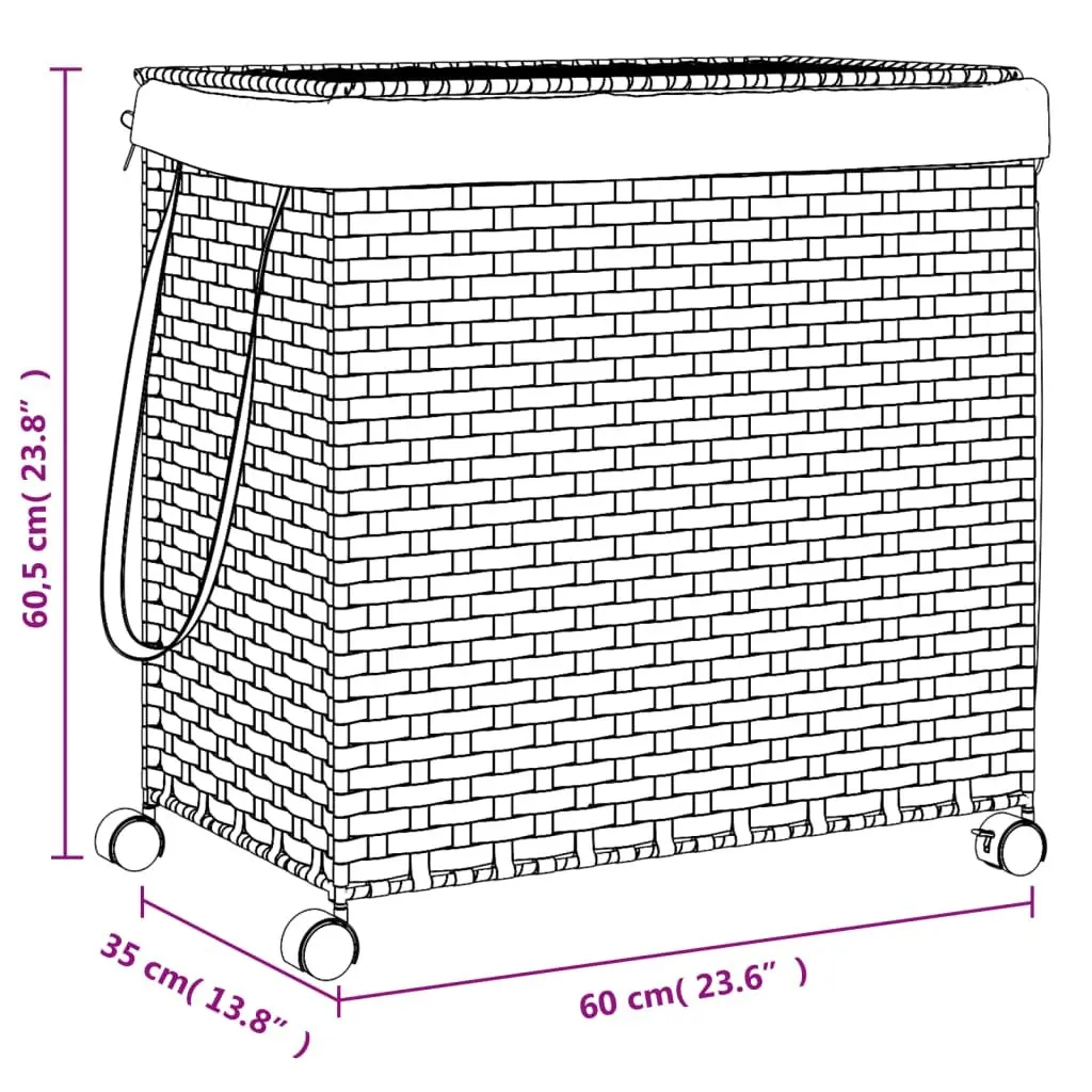 Laundry Basket White Rattan 60x35x60.5cm with Lid 3 Compartments and Wheels