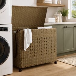 Durable Hand-Woven Rattan Laundry Basket with Wheels 66x35x60cm