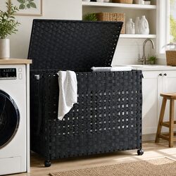 Sturdy Black Rattan Laundry Basket with Wheels 66x35x60cm