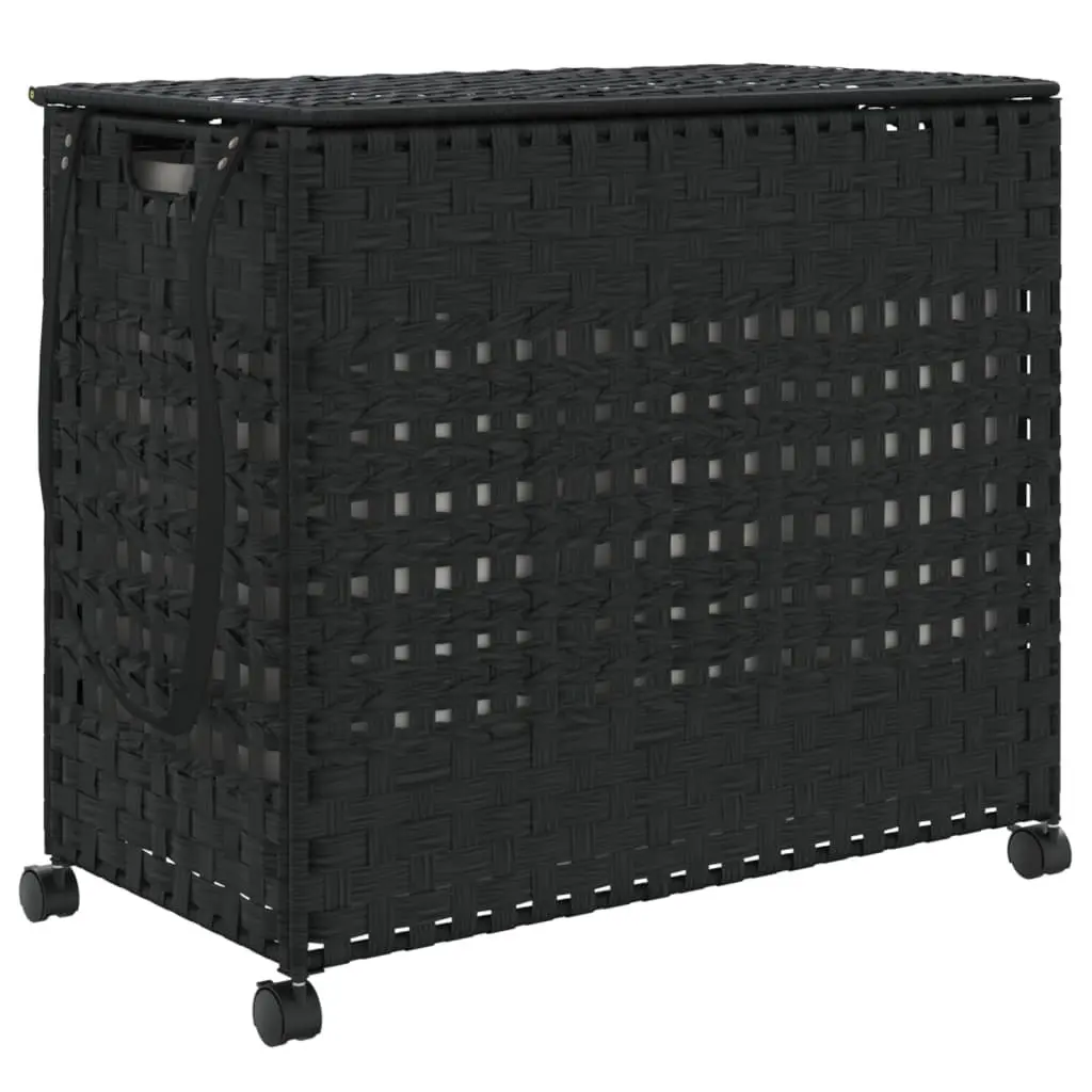 Laundry Basket Black Rattan Hand-Woven 66x35x60cm with Wheels and Removable Bag