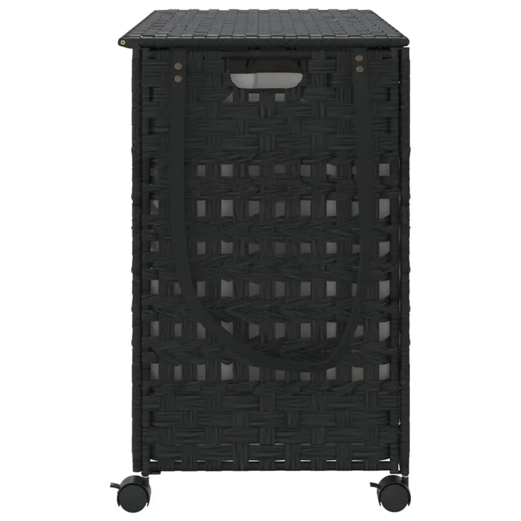Laundry Basket Black Rattan Hand-Woven 66x35x60cm with Wheels and Removable Bag
