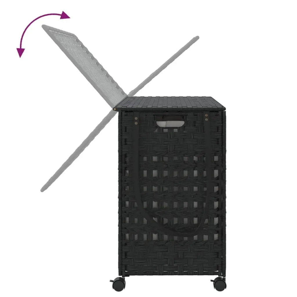 Laundry Basket Black Rattan Hand-Woven 66x35x60cm with Wheels and Removable Bag