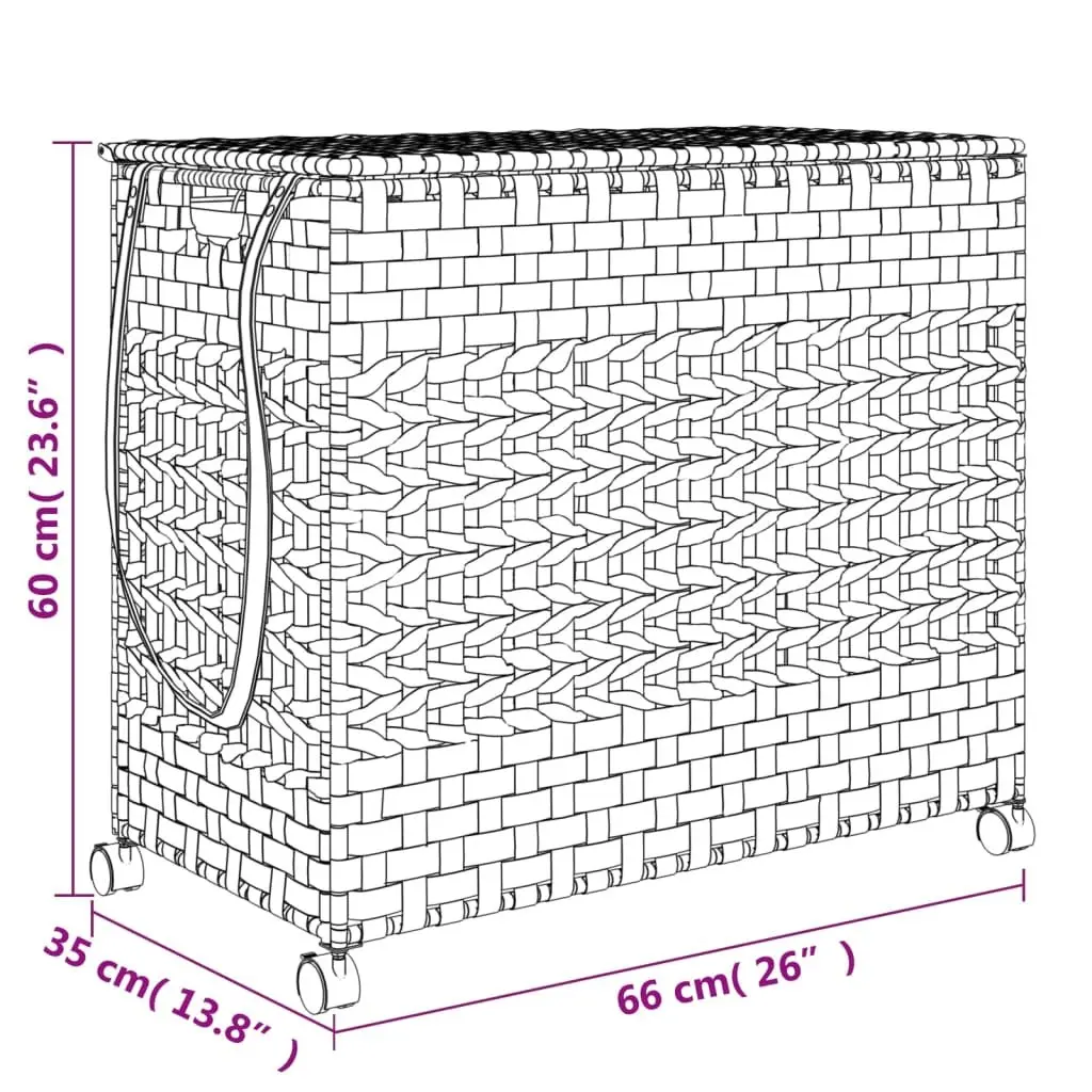 Laundry Basket Black Rattan Hand-Woven 66x35x60cm with Wheels and Removable Bag