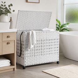 Premium Hand-Woven Rattan Laundry Basket with Wheels
