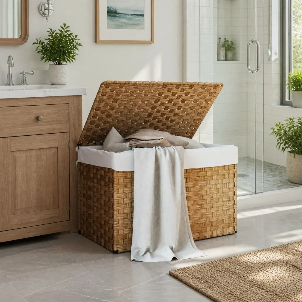 Brown Poly Rattan Laundry Basket with Lid