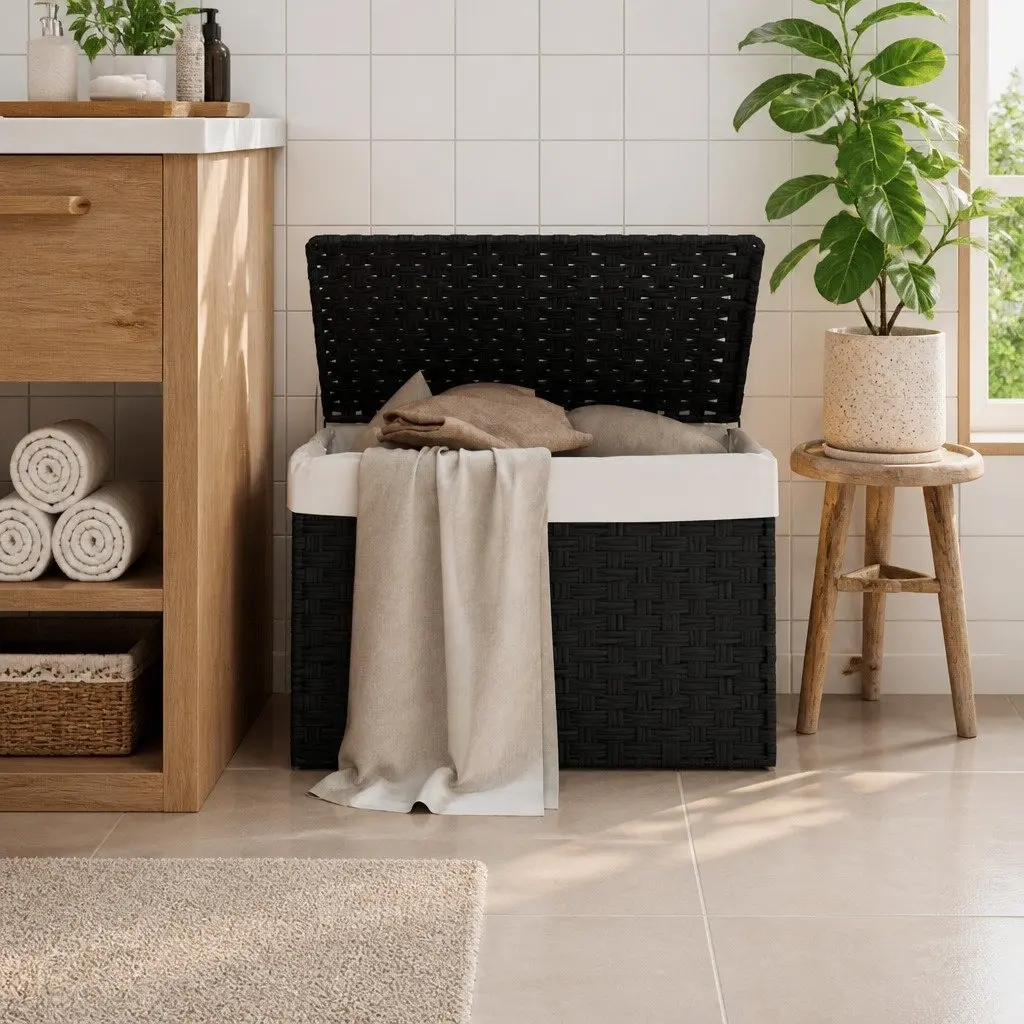 Black Poly Rattan Laundry Basket with Lid 55.5x35x34cm