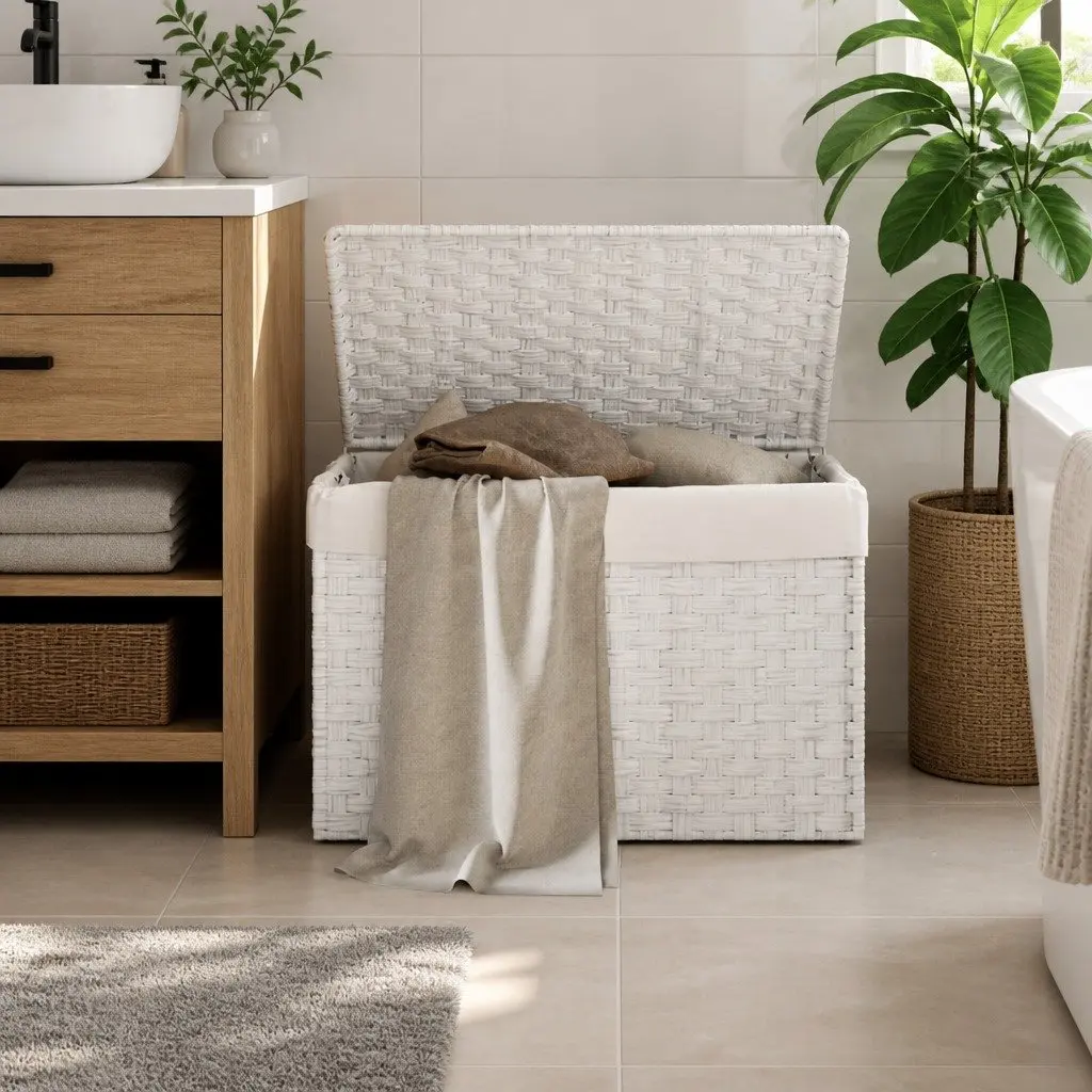 Laundry Basket Poly Rattan 55.5x35x34cm White Foldable Storage Bin