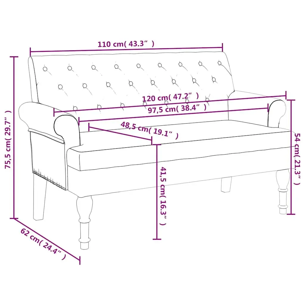 Grey Fabric Bench with Backrest and Armrests