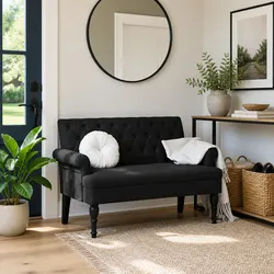 Stylish Black Fabric Bench with Backrest and Armrests