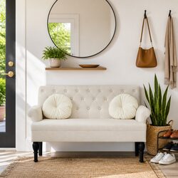 Elegant Cream Linen Bench with Backrest and Armrests
