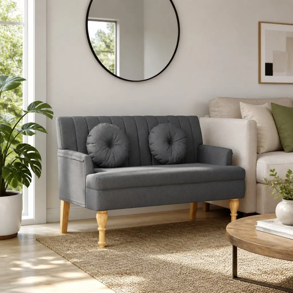 Grey Fabric Bench with Cushions for Comfort