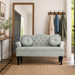 Elegant Light Grey Velvet Bench with Cushions