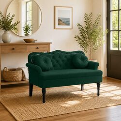 Luxurious Dark Green Velvet Bench with Cushions