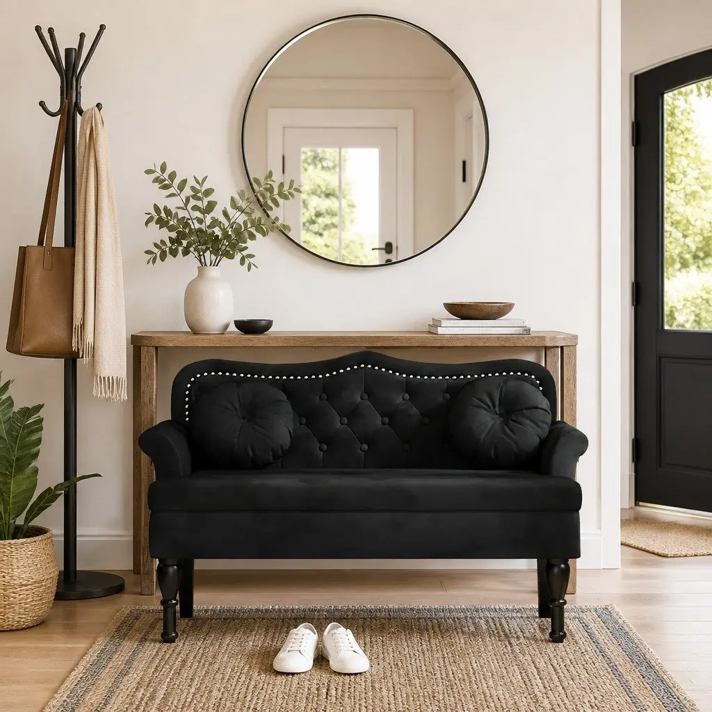Black Velvet Bench with Cushions and Armrests