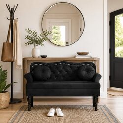 Elegant Black Velvet Bench with Cushions and Armrests