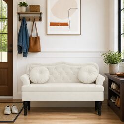 Elegant Cream Velvet Bench with Cushions and Backrest