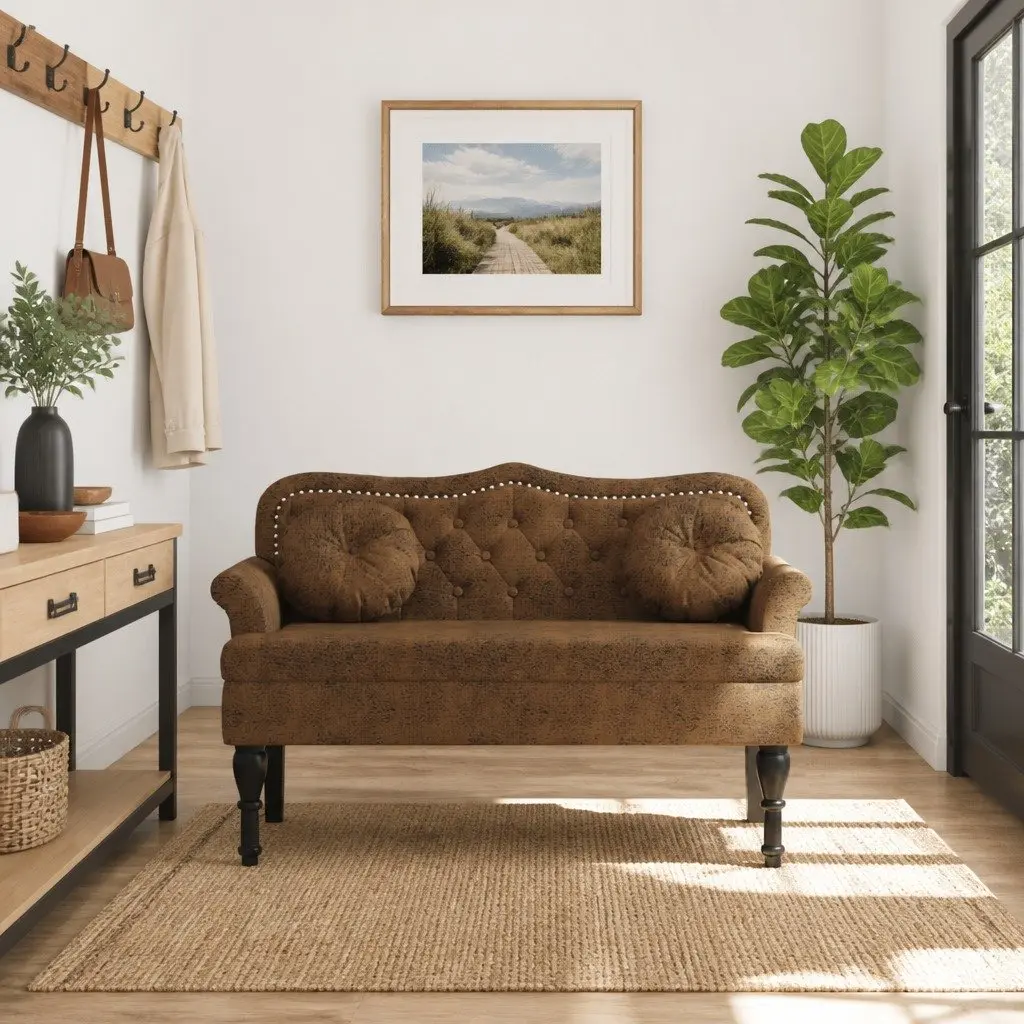 Bench Faux Suede Brown Upholstered Seat Backrest Armrests