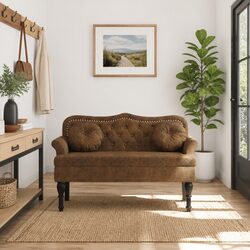 Stylish Brown Faux Suede Upholstered Bench with Cushions