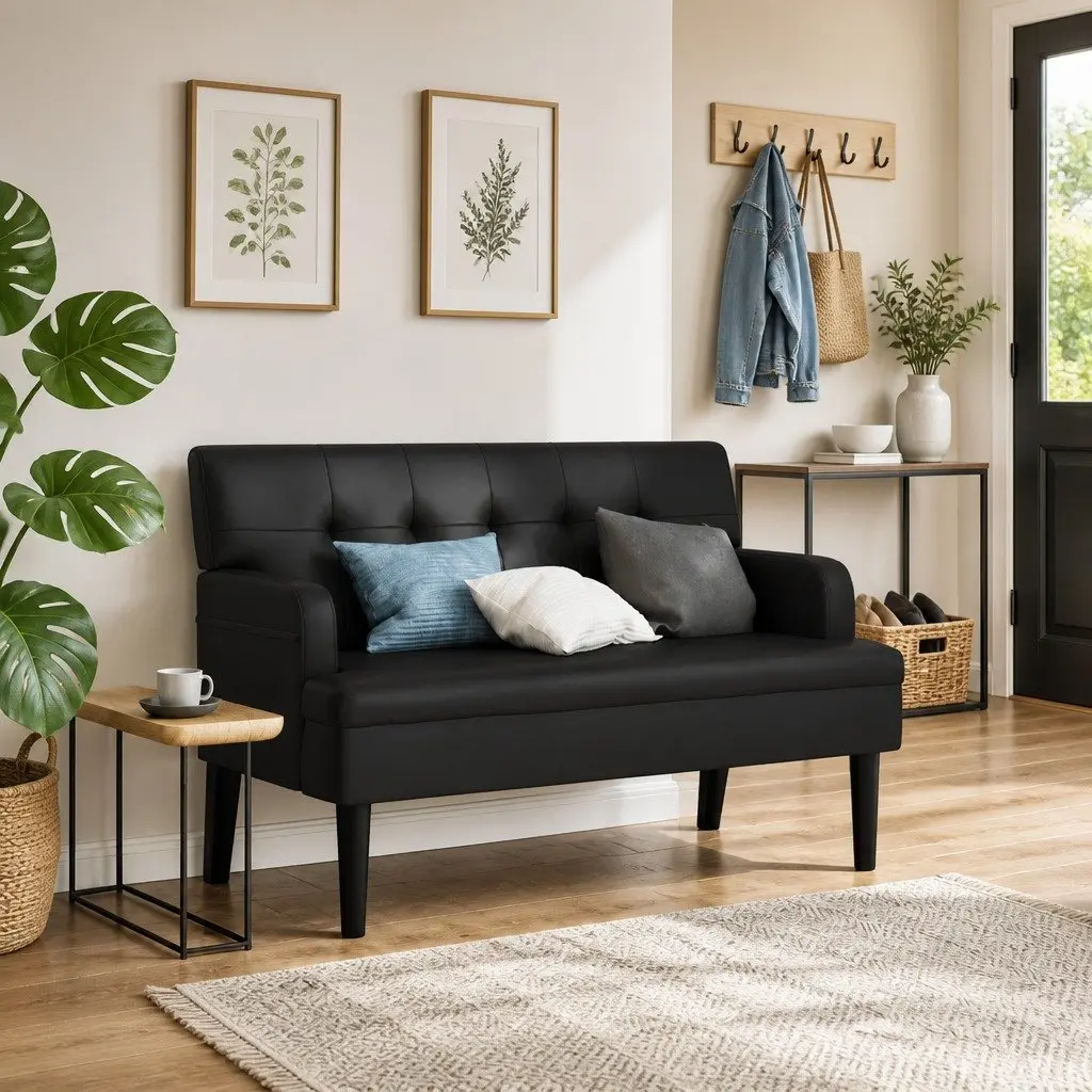 Black Faux Leather Bench with Backrest