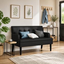 Premium Black Faux Leather Bench with Backrest