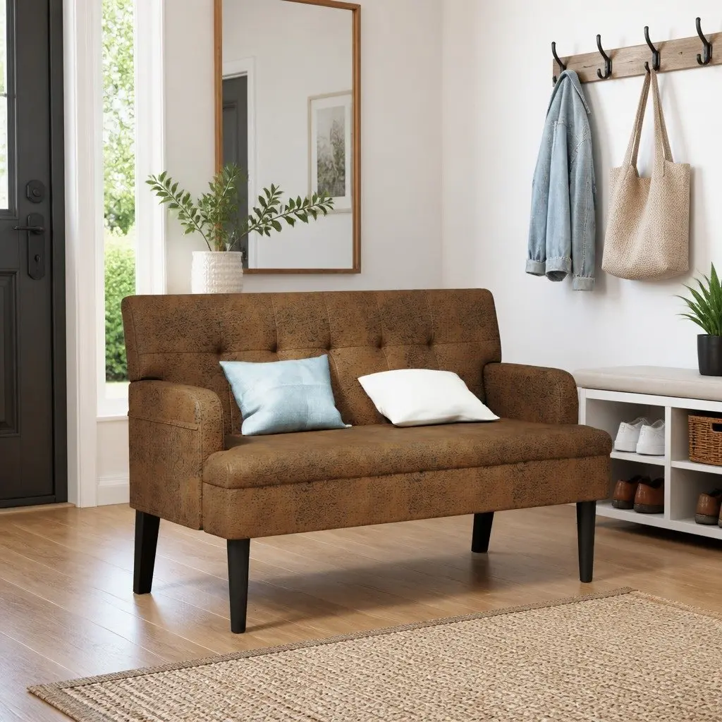 Brown Faux Suede Leather Bench with Backrest and Armrests
