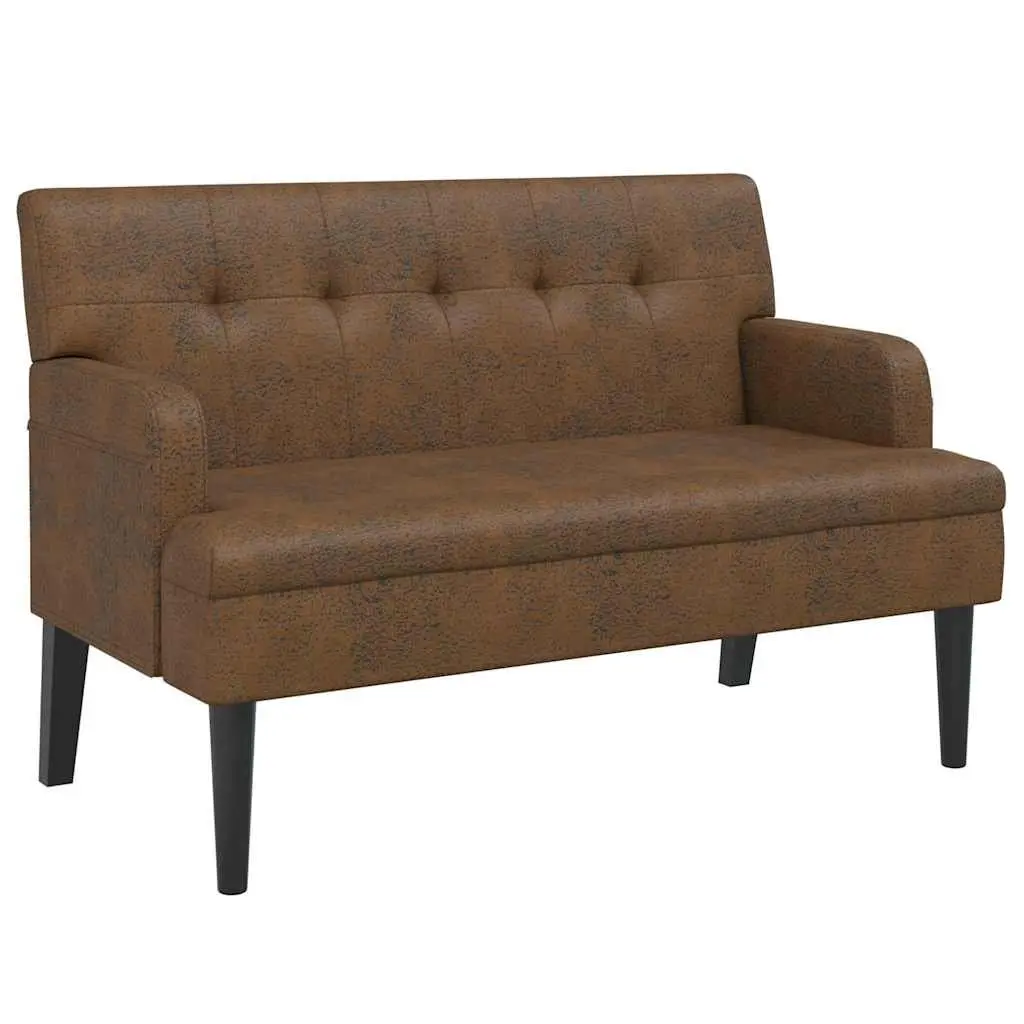 Brown Faux Suede Leather Bench with Backrest and Armrests