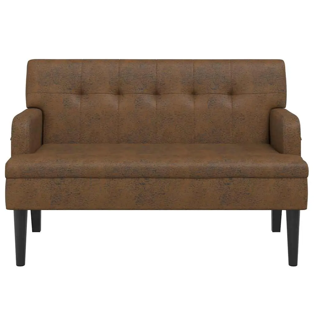 Brown Faux Suede Leather Bench with Backrest and Armrests