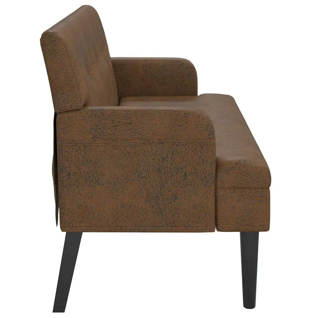 Brown Faux Suede Leather Bench with Backrest and Armrests