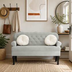 Stylish Grey Velvet Bench with Backrest and Armrests