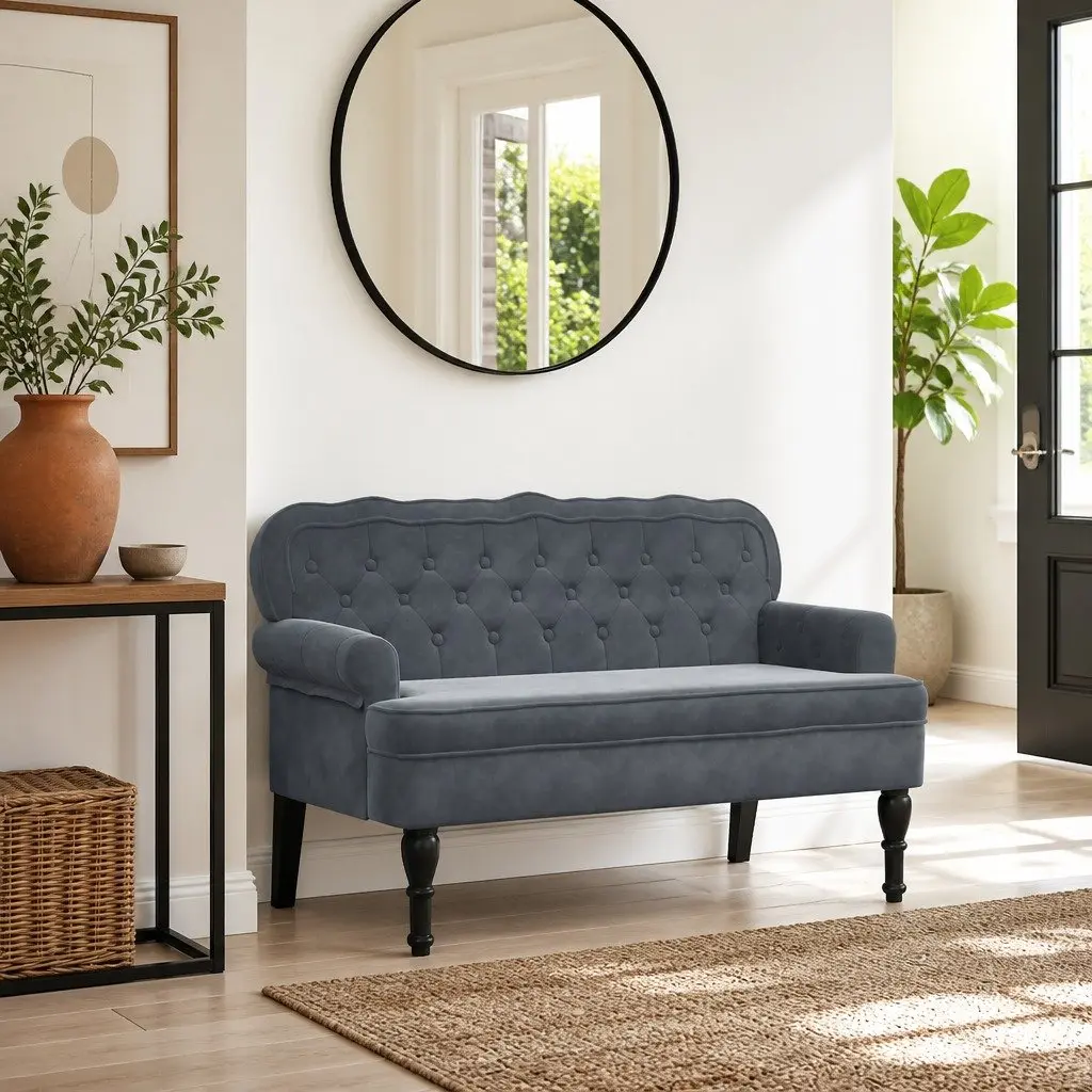 Grey Velvet Bench with Backrest and Armrests