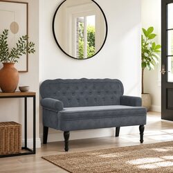 Elegant Grey Velvet Bench with Backrest and Armrests