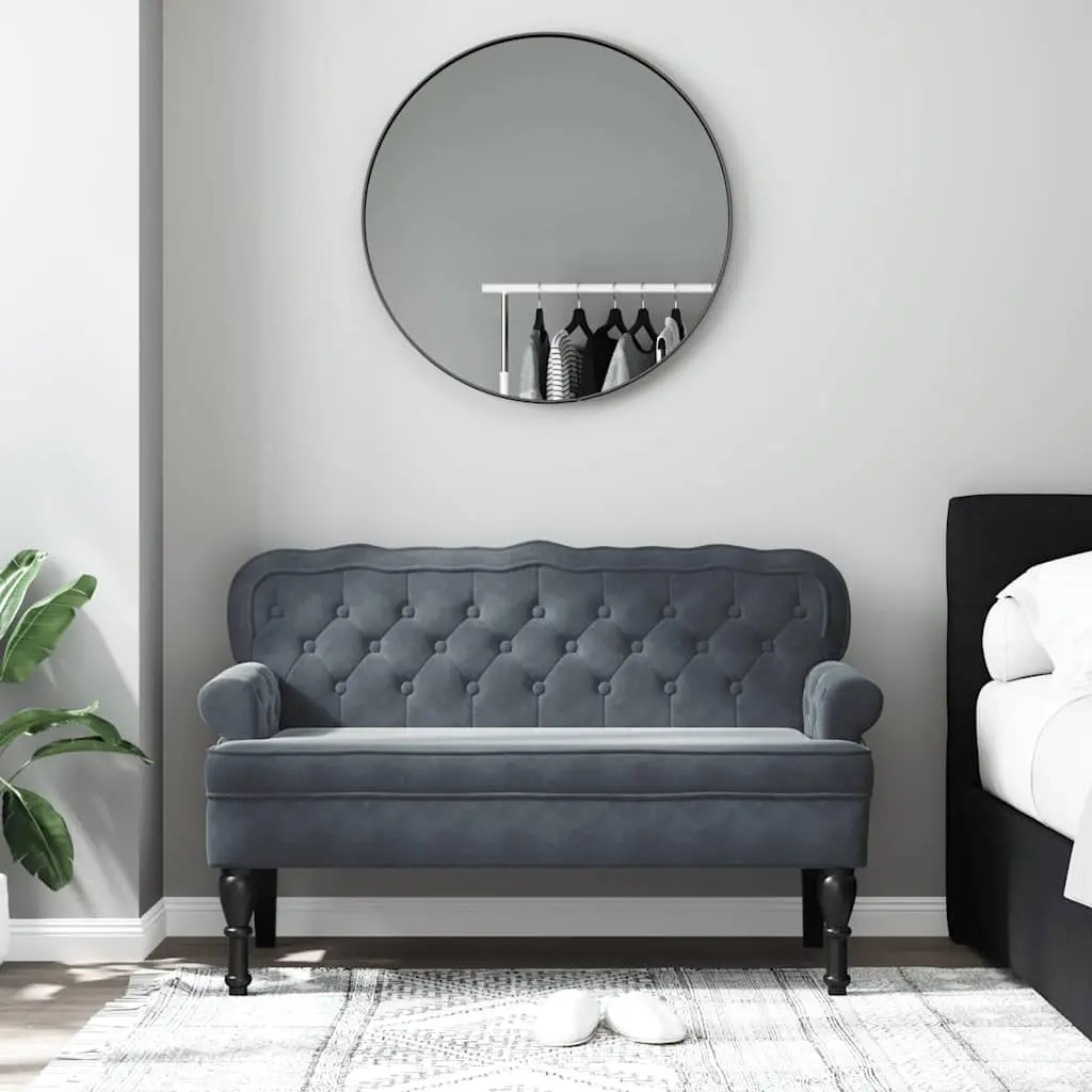 Grey Velvet Bench with Backrest and Armrests