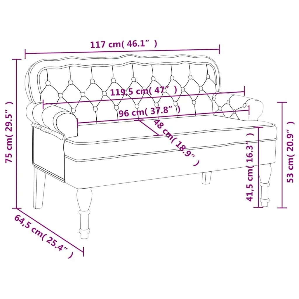 Grey Velvet Bench with Backrest and Armrests