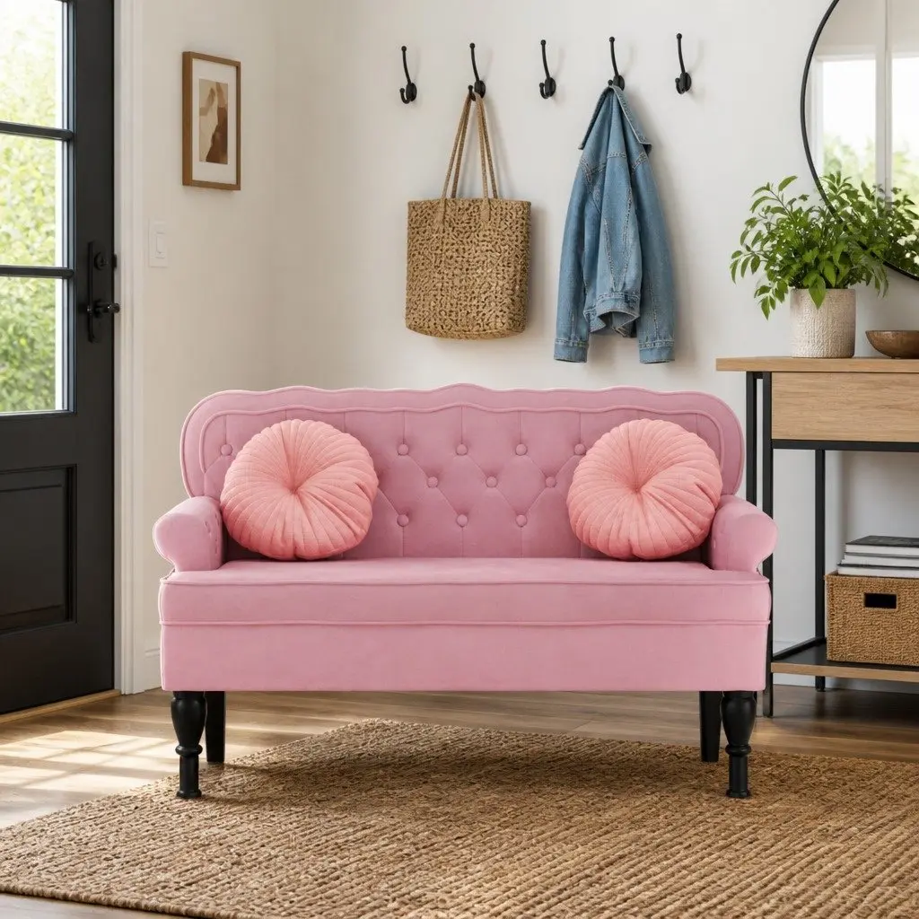 Pink Velvet Bench with Backrest and Armrests