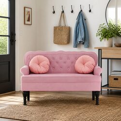 Pink Velvet Bench with Backrest and Armrests