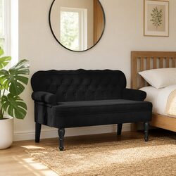 Stylish Black Velvet Bench with Wave-Back Design